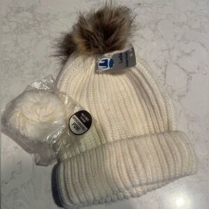 White knit beanie with pompom